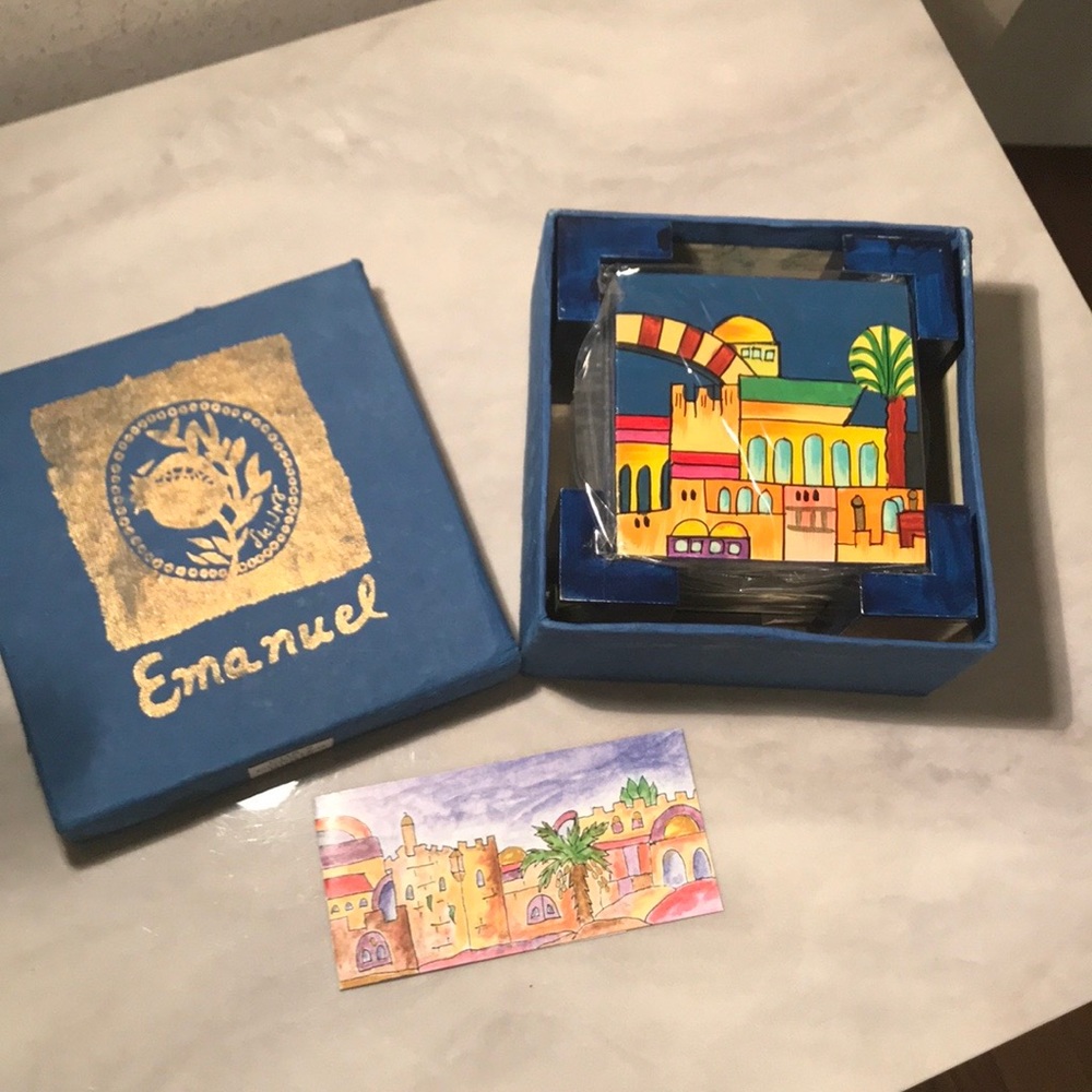 New Jerusalem in 6 handcrafted wooden coasters with a stand